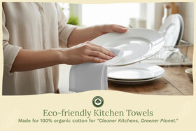 Organic Cotton Mart quick-dry white kitchen towels draped over a rack for fast moisture absorption