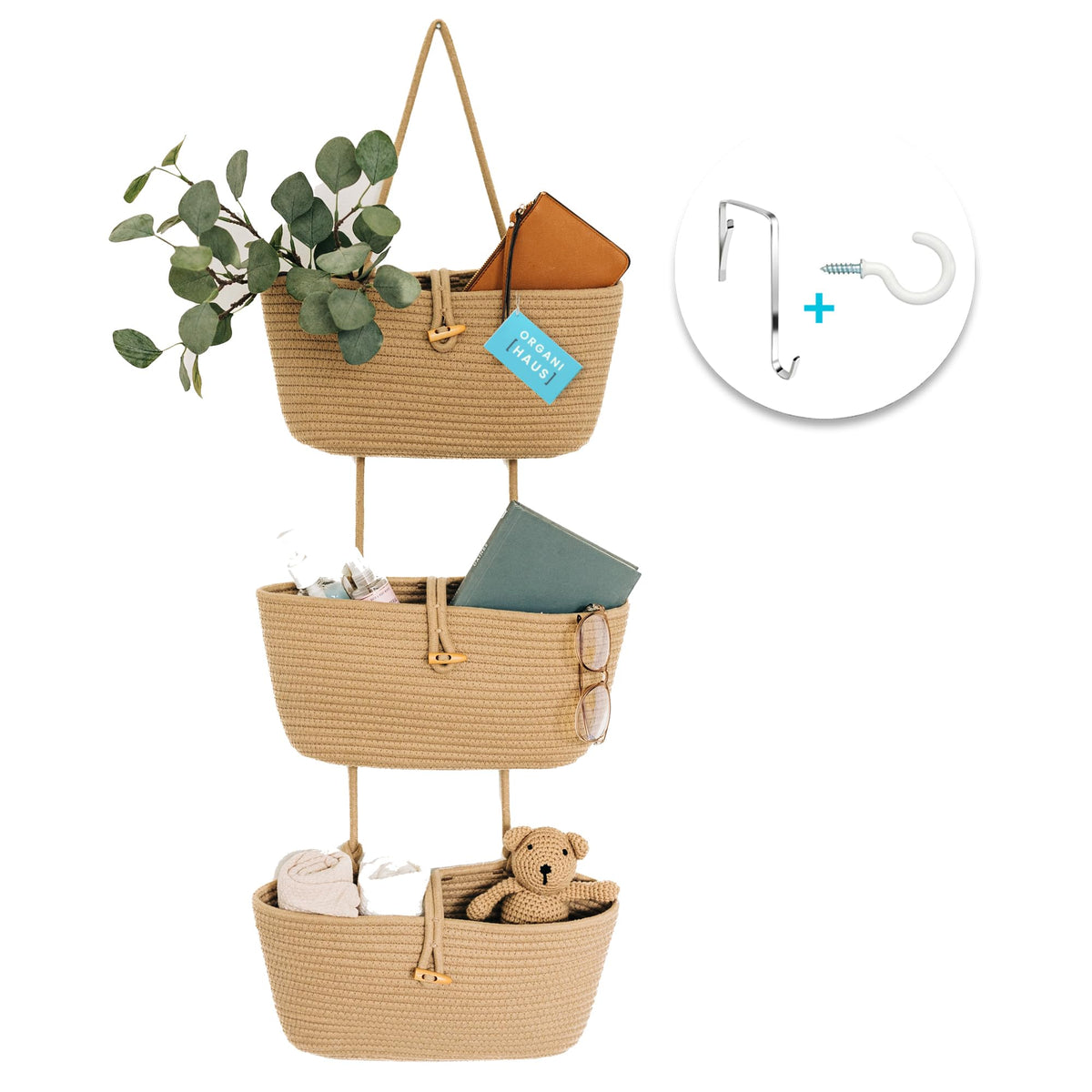 OrganiHaus over-the-door hanging basket with three tiers for versatile storage.