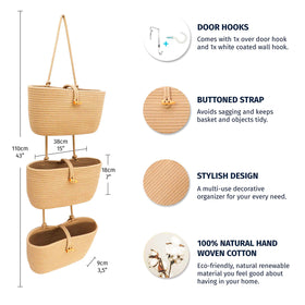 OrganiHaus three-tier wall basket suitable for magazines and bathroom essentials.