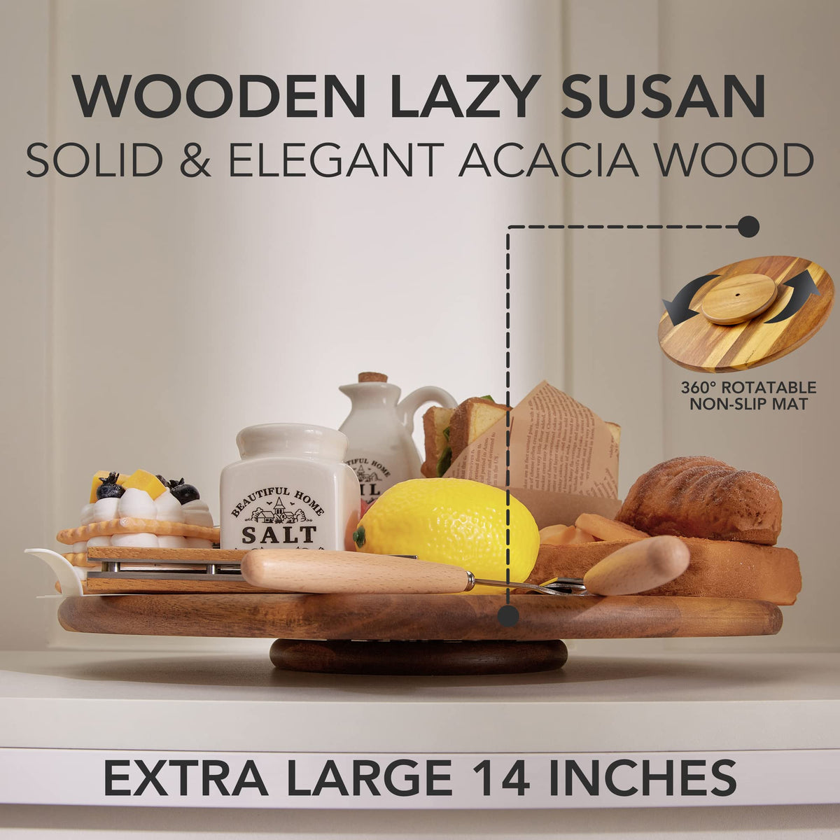 Oridom acacia lazy susan displays decorative items on dining table