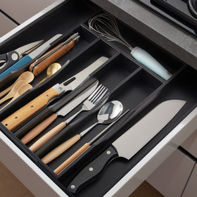 oridom bamboo cutlery tray fully extended demonstrates adjustable compartments for utensils