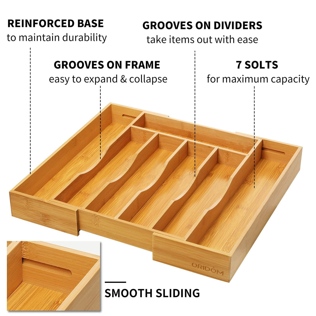 oridom bamboo cutlery tray with smooth finish highlighting durability and ease of cleaning