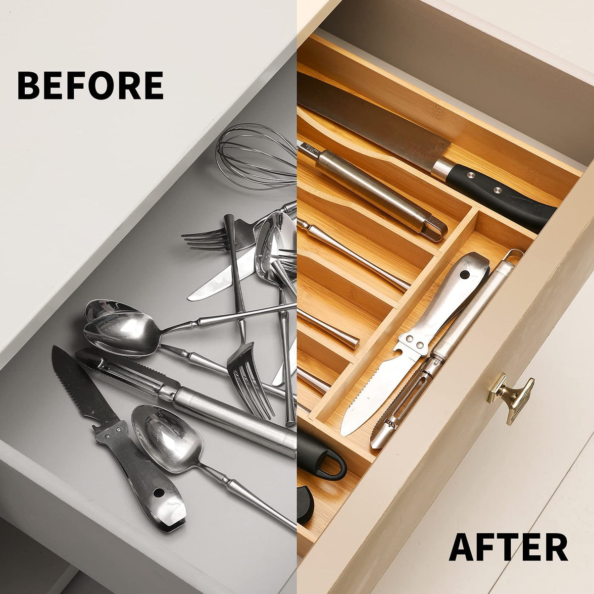 oridom bamboo drawer organizer installed in a drawer showcasing adjustable fit