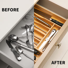 oridom bamboo drawer organizer installed in a drawer showcasing adjustable fit