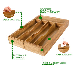 oridom acacia drawer organizer close-up highlighting smooth surface and curved slot walls