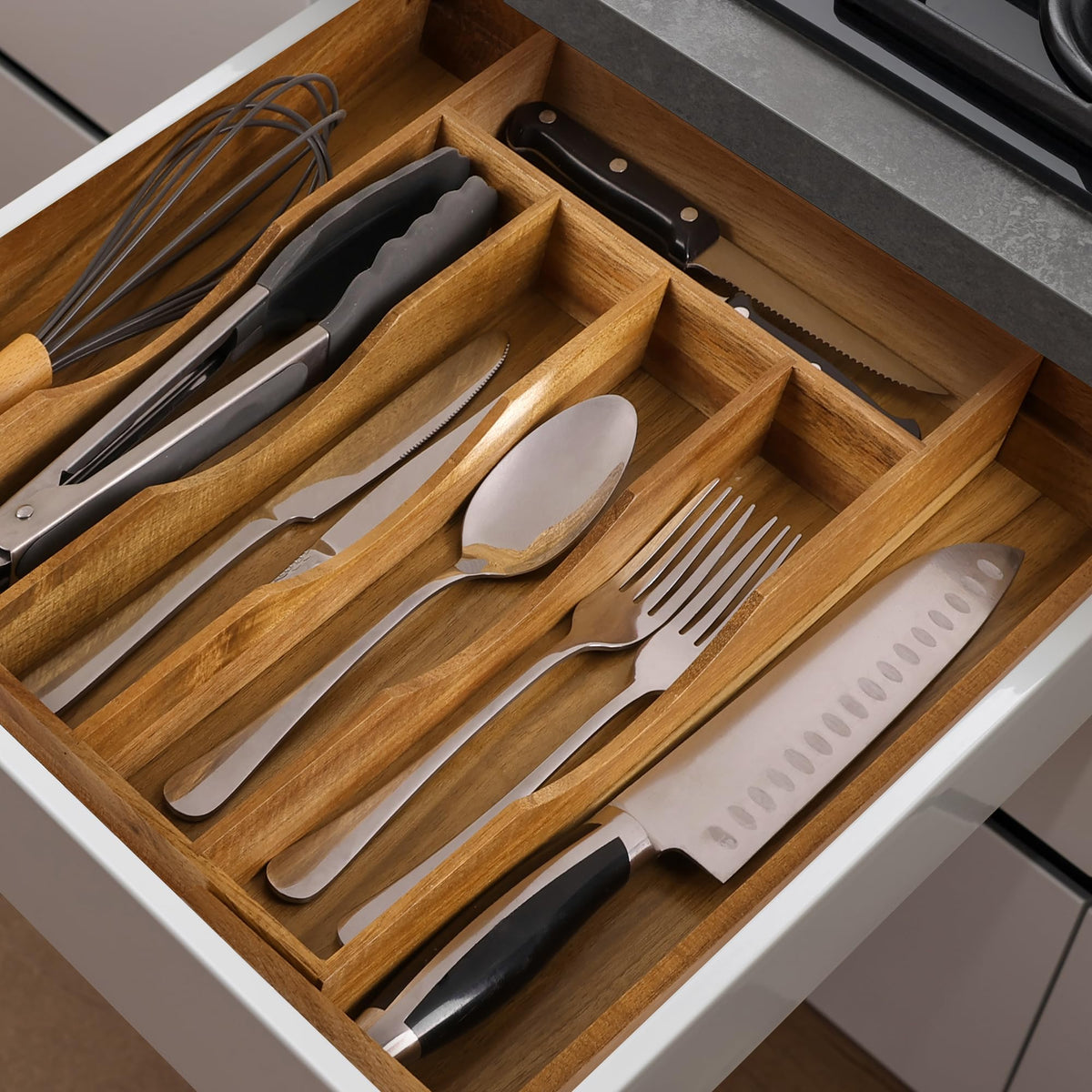 oridom expandable organizer in a wide drawer demonstrating 95 percent fit across standard sizes