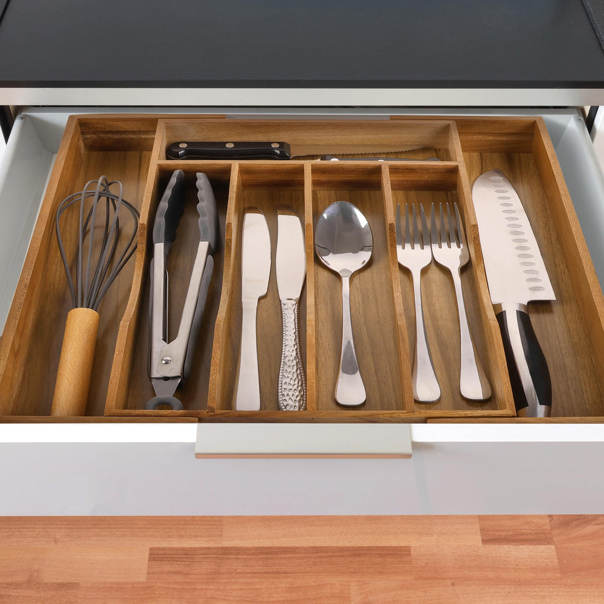 oridom acacia storage tray on countertop used for makeup and jewelry organization