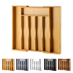 oridom expandable bamboo drawer organizer closed view showing neat flatware arrangement for quick access