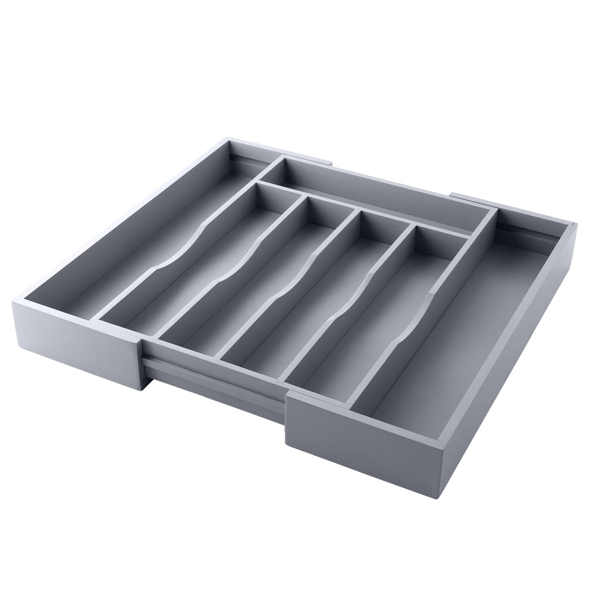 Oridom expandable bamboo drawer organizer grey keeps clutter under control in the kitchen.