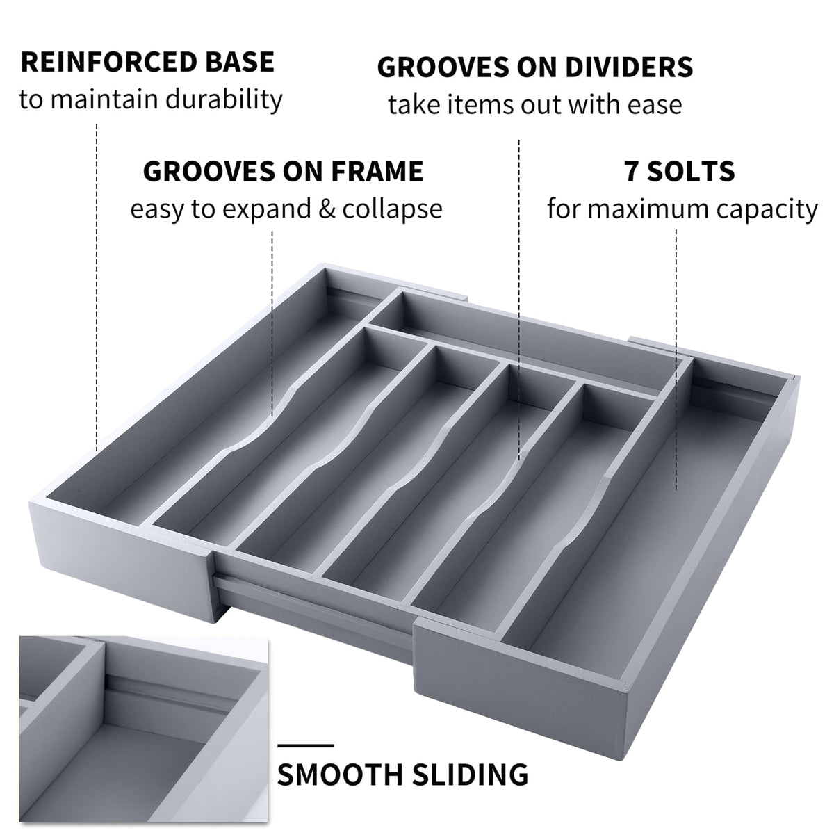 Oridom expandable bamboo drawer organizer grey with extended compartments for larger tools.