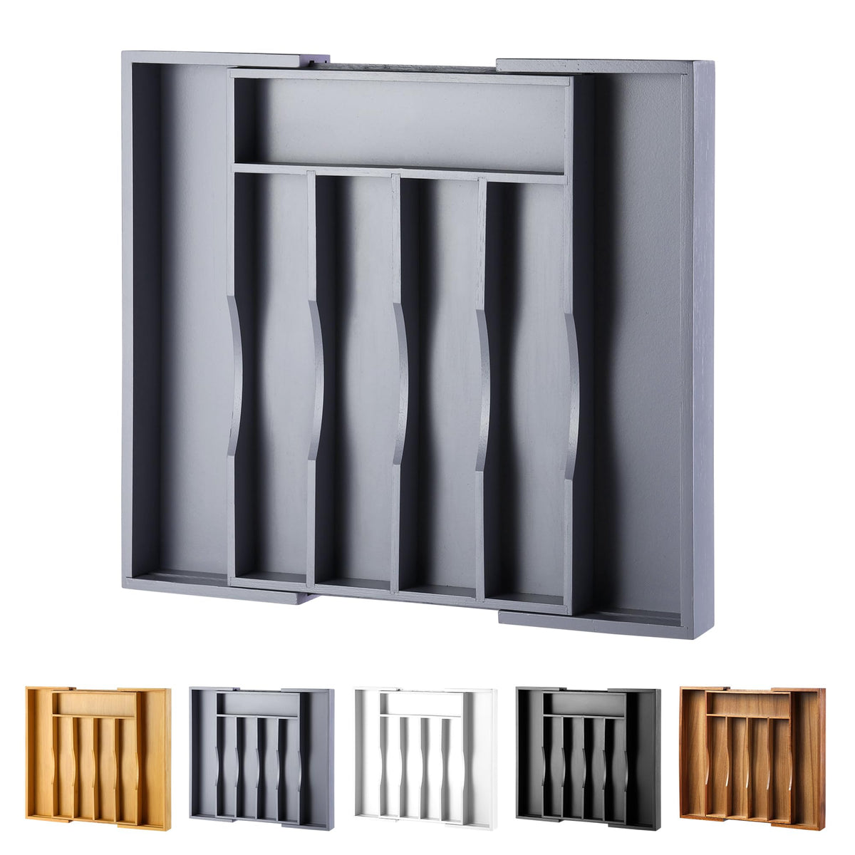 Oridom expandable bamboo drawer organizer grey front view showing neat utensil storage.