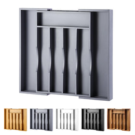 Oridom expandable bamboo drawer organizer grey front view showing neat utensil storage.