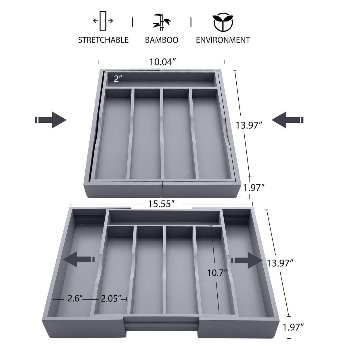 Oridom expandable bamboo drawer organizer grey installed in a drawer for easy access.