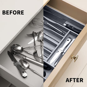 Oridom expandable bamboo drawer organizer grey used as a multipurpose kitchen organizer.