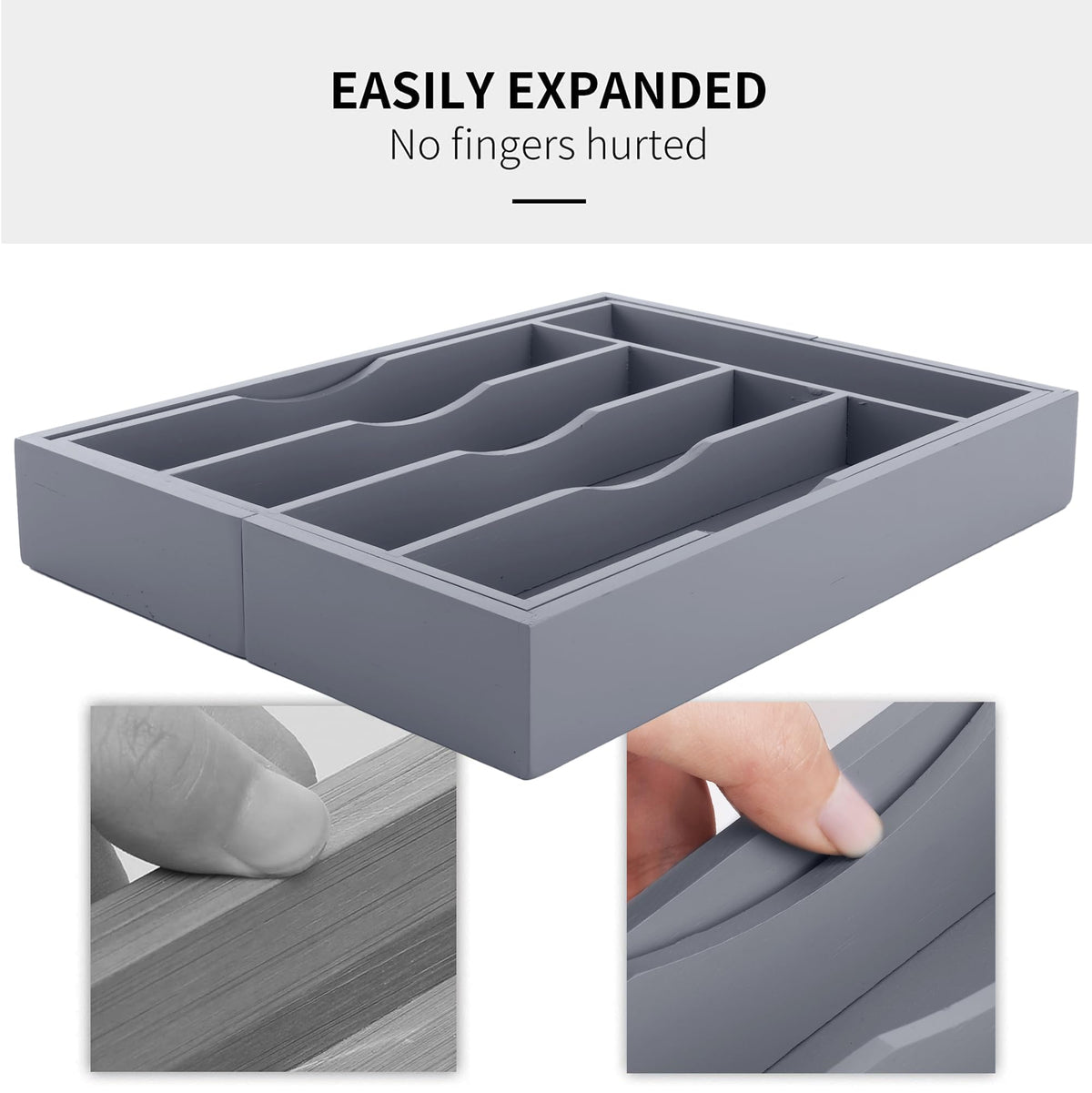 Oridom expandable bamboo drawer organizer grey with smooth surface for simple cleaning.