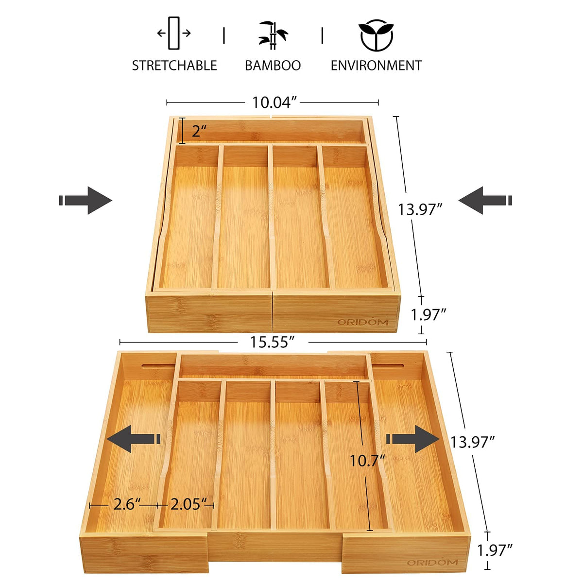 oridom expandable bamboo drawer organizer open layout displaying compartments