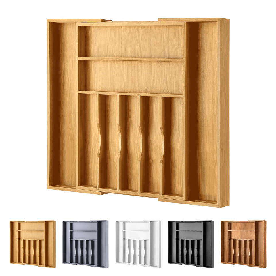 Oridom bamboo organizer expanded in front view showing full utensil visibility