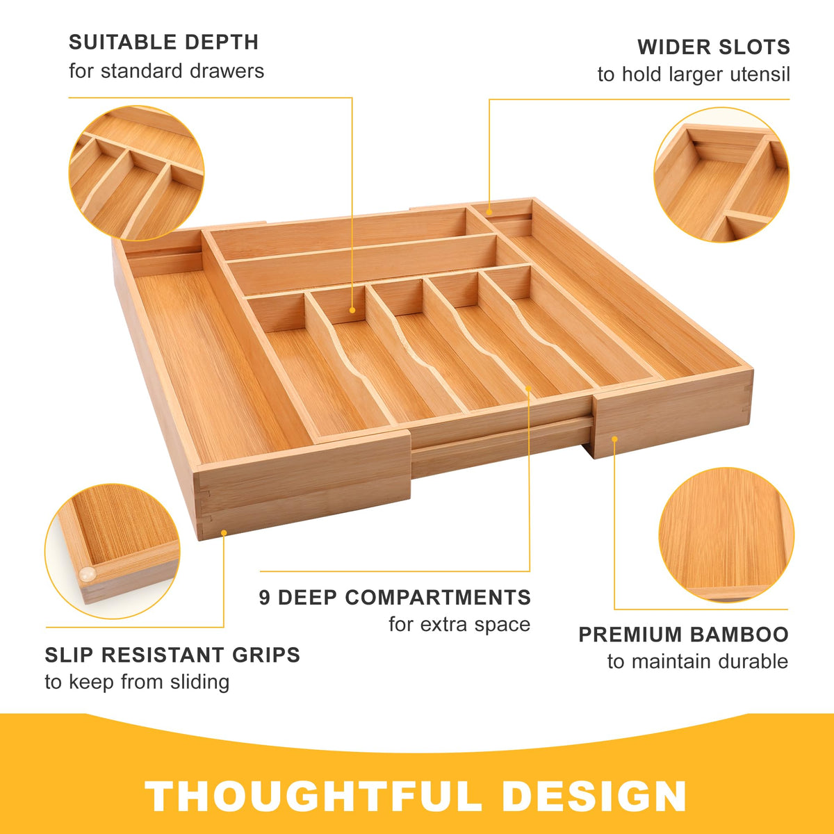 Rich wood grain detail conveys premium craftsmanship and eco-friendly sourcing