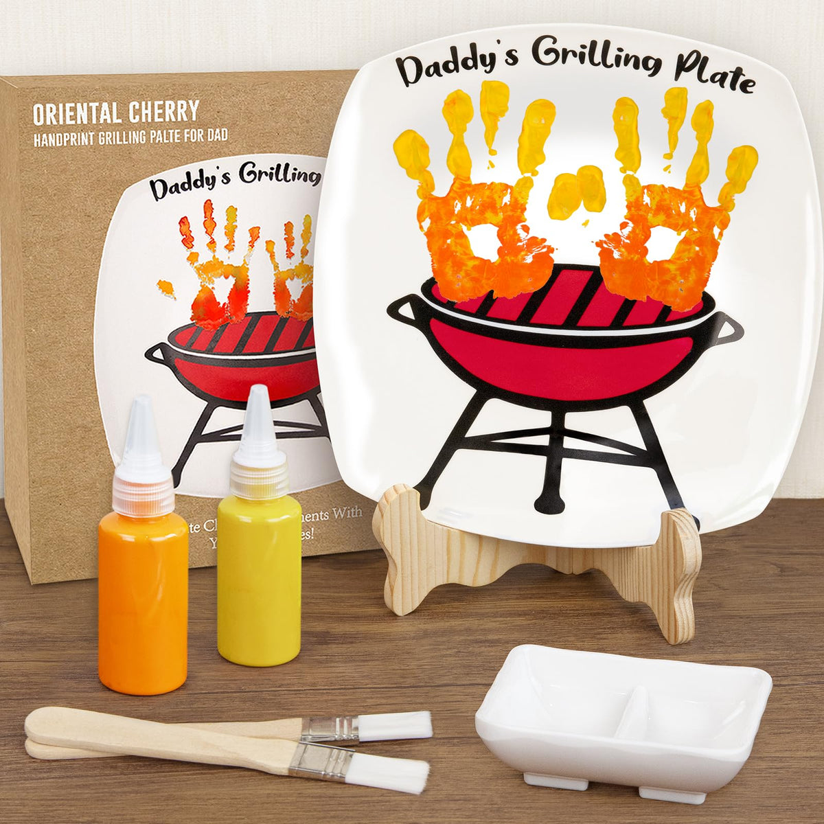 Oriental Cherry DIY Daddy's Grilling Plate kit with paints and brushes for personalization.