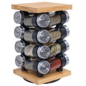 Orii 16-jar rotating bamboo spice rack on countertop showcasing included spices for easy access
