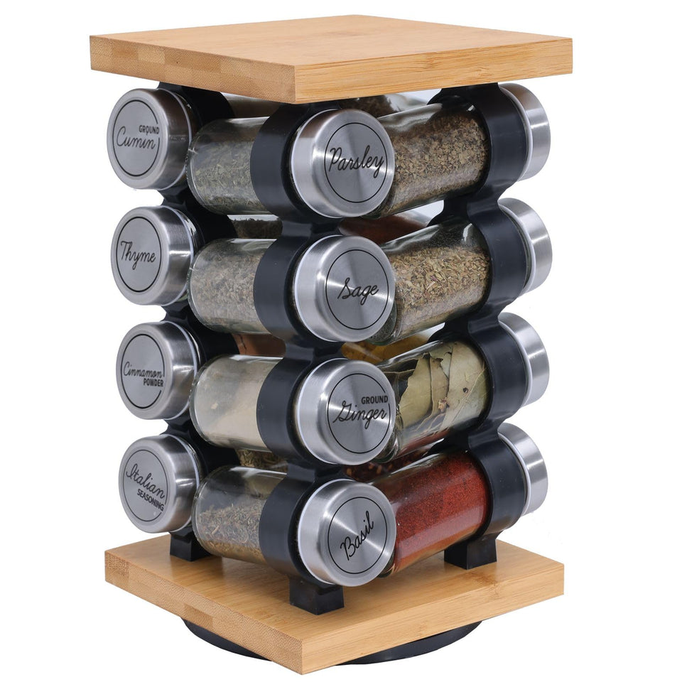 Orii 16-jar rotating bamboo spice rack on countertop showcasing included spices for easy access