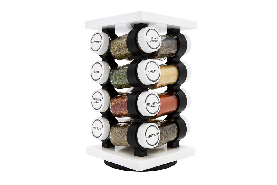 Orii 16-jar rotating spice rack on a clean counter saves space.
