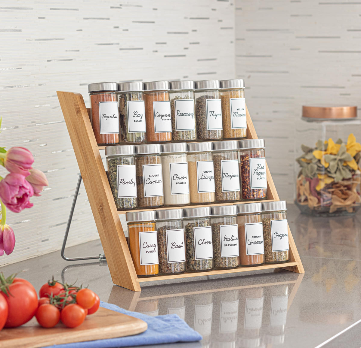Orii bamboo spice rack fits in a drawer keeping spices tidy