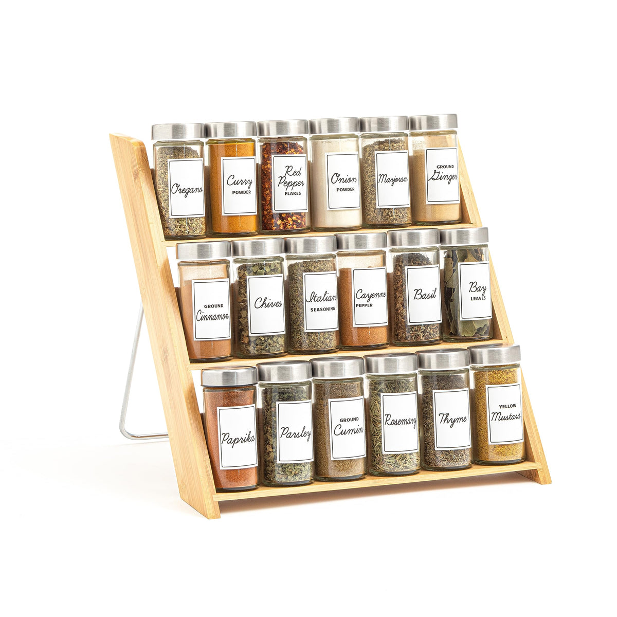 Orii 18-jar bamboo spice rack on countertop for organized cooking