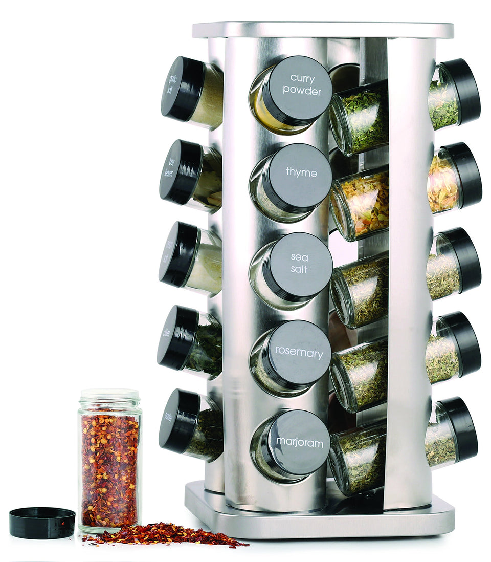 Orii 20-jar spice rack on counter with rotating base for easy access.