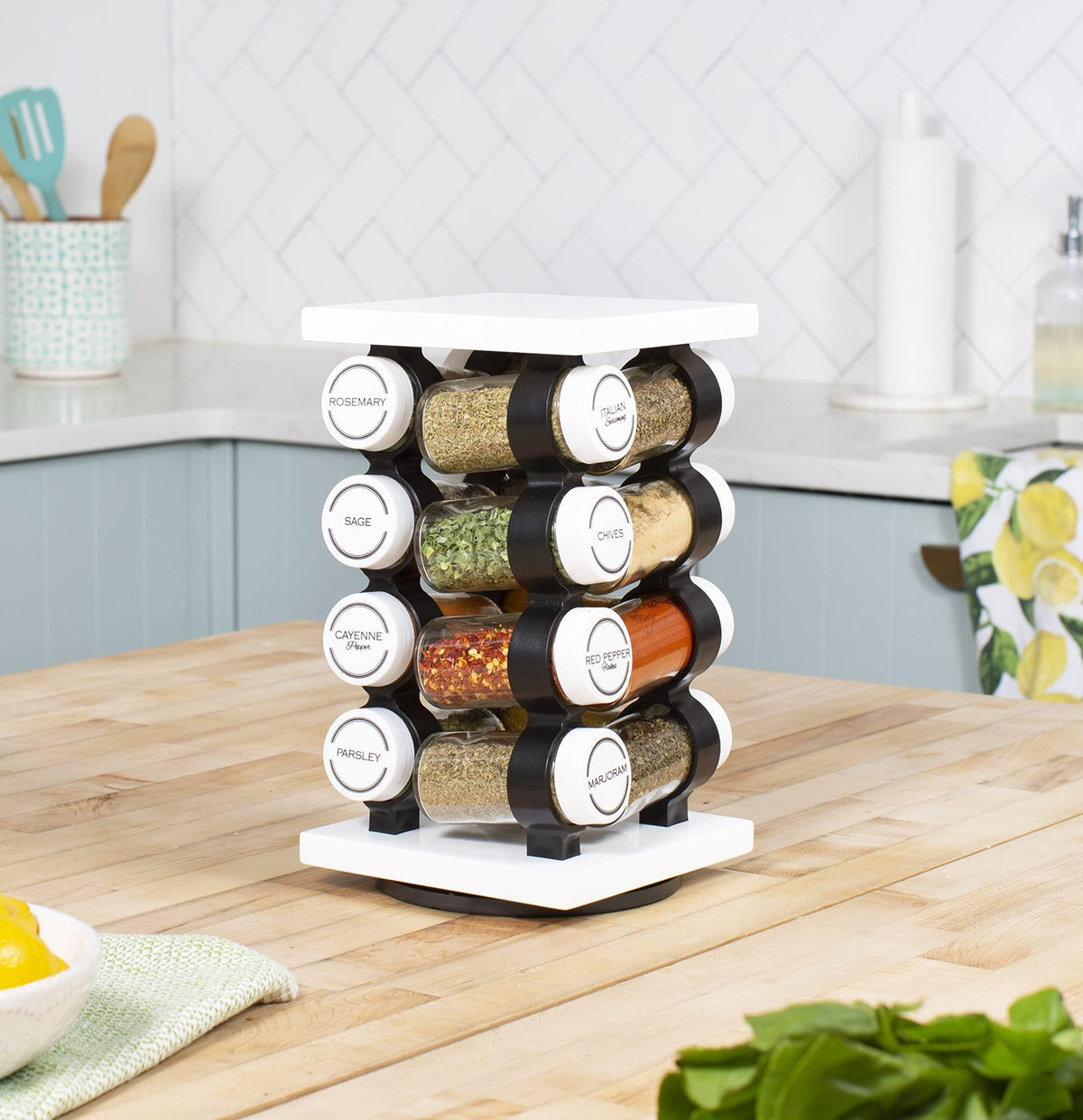 Rotating base provides easy jar access during cooking.