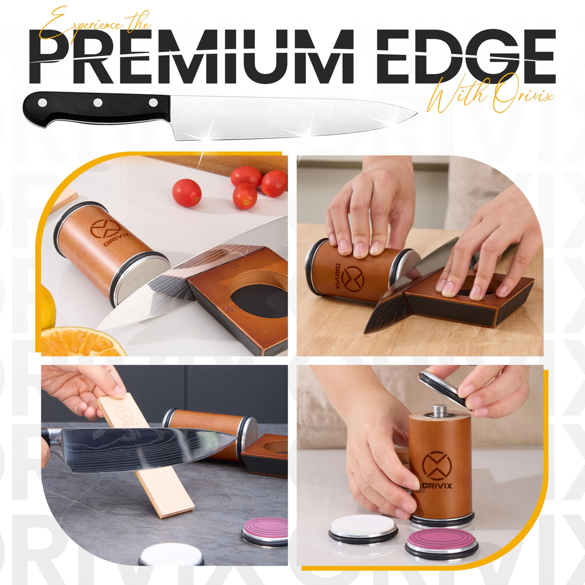 Orivix in-use sharpening action in a kitchen for home cooks and professionals