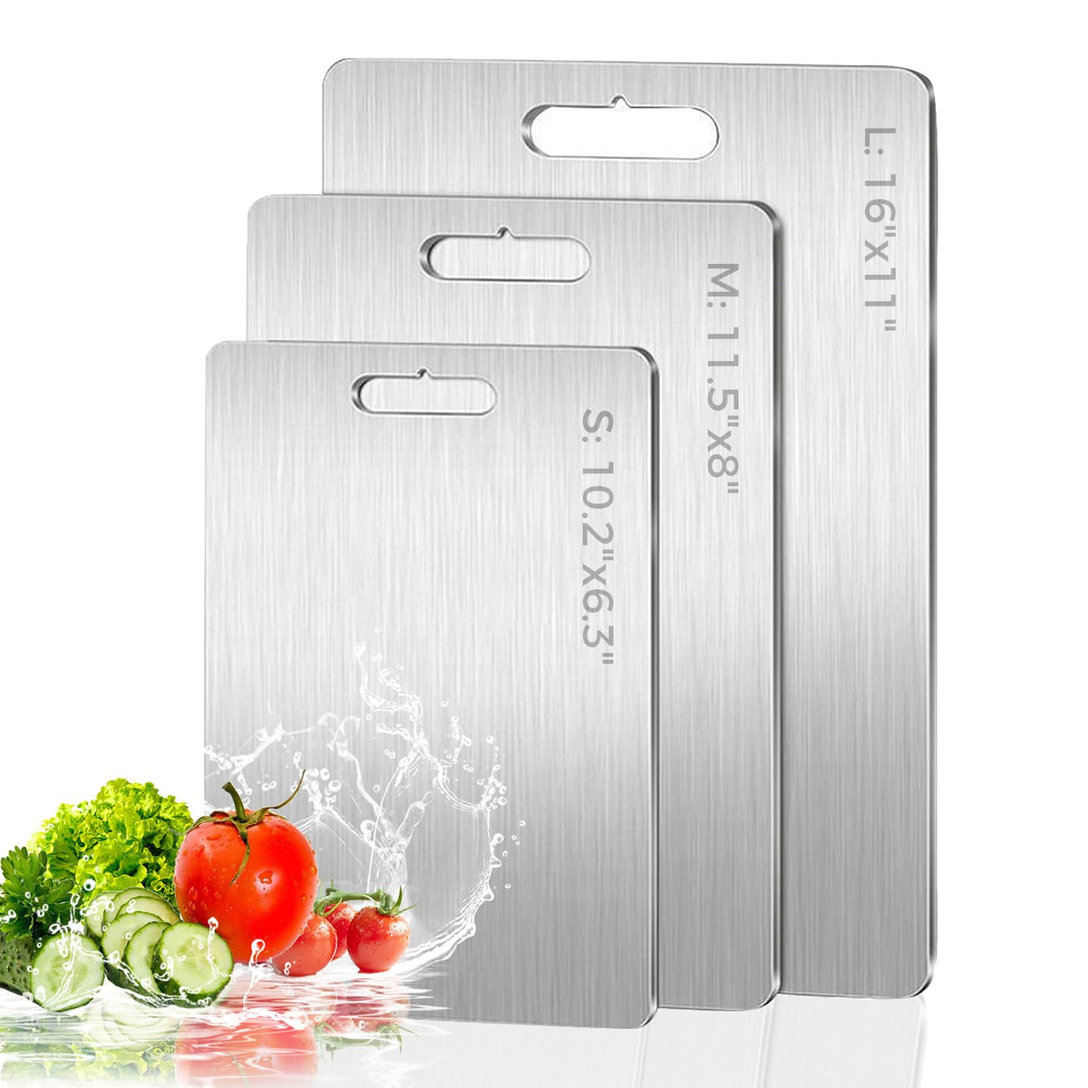 Ormark 3-pack stainless steel cutting boards set for versatile kitchen tasks.