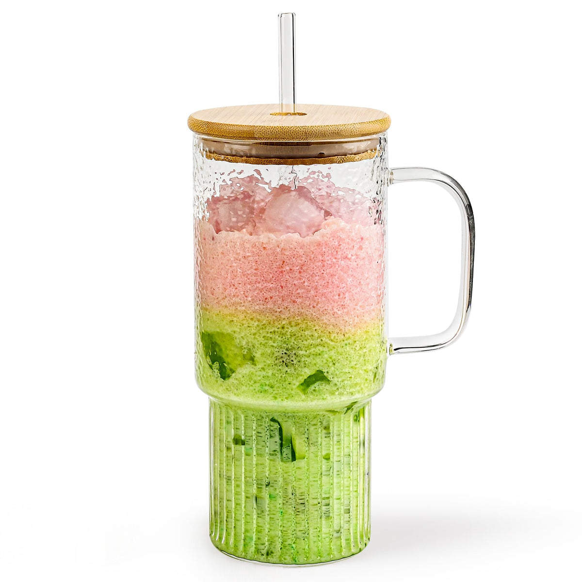 Oroklis 32oz ribbed glass cup with handle lid and straw, ideal for iced coffee.