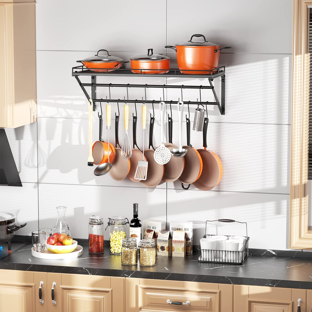 OROPY two-tier rails display pots and pans for efficient cooking prep