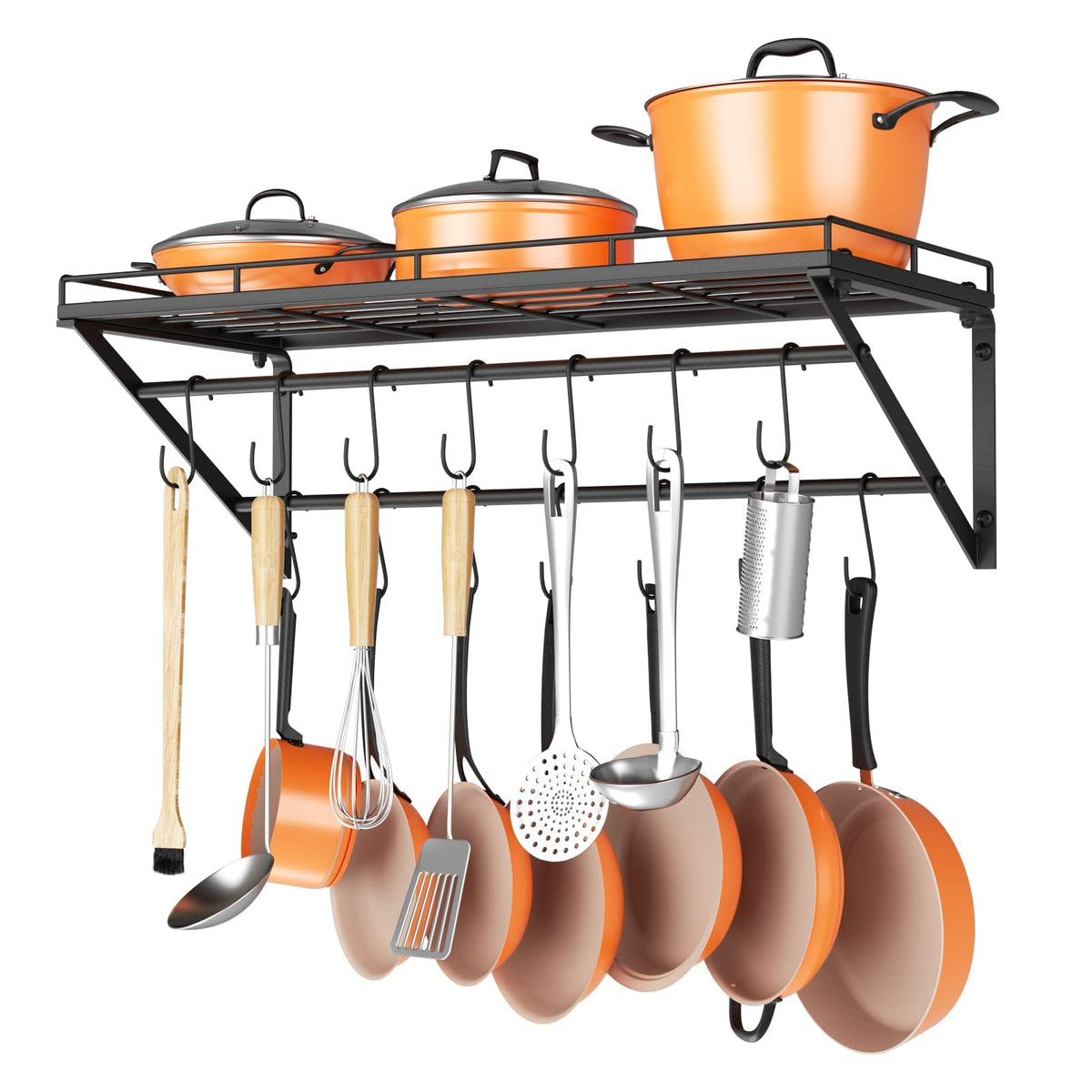 OROPY 31-inch pot rack with shelf keeps cookware organized and accessible