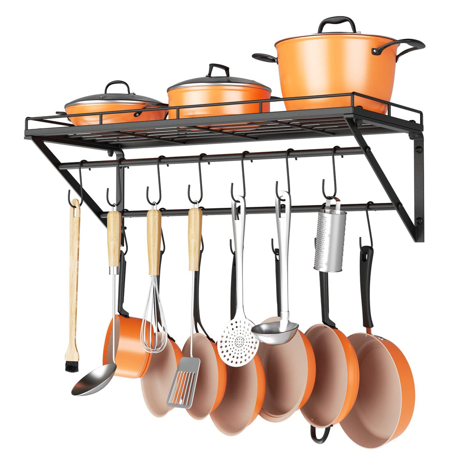 OROPY 31-inch pot rack with shelf keeps cookware organized and accessible