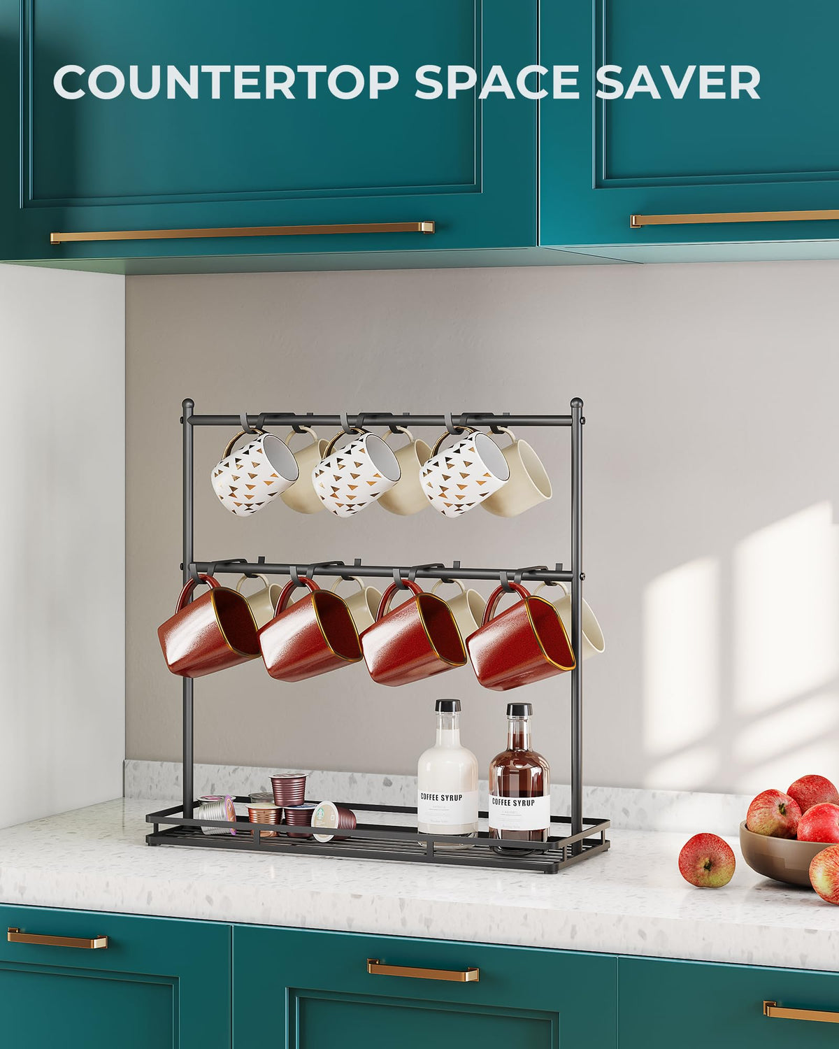 OROPY bottom-shelf mug stand stores pods and tea within easy reach
