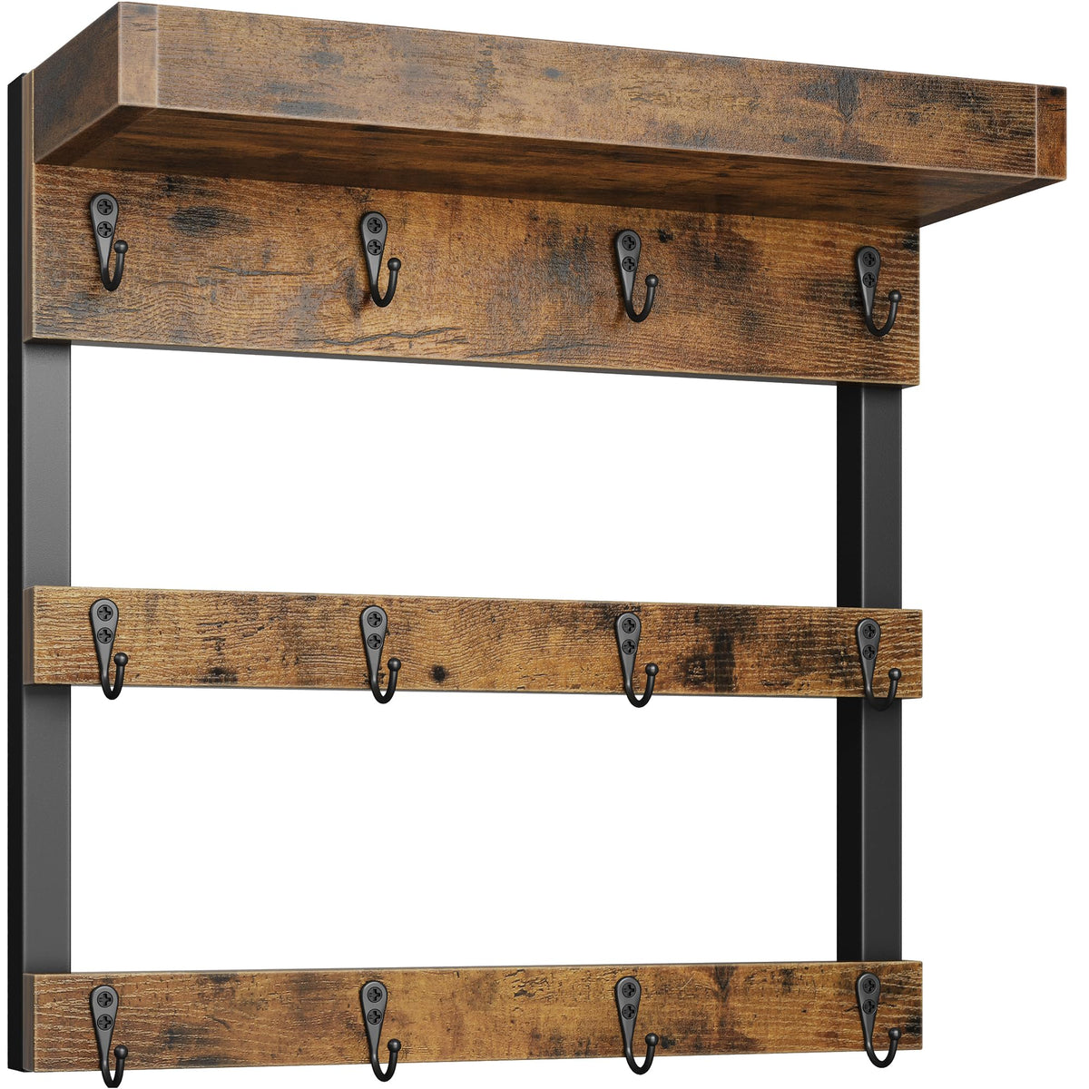 OROPY rustic brown mug rack wall mounted with 12 hooks keeps mugs neatly displayed.