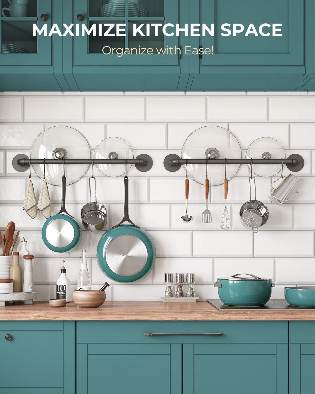 OROPY industrial pipe design wall hanger ideal to hang pots, pans, and utensils.