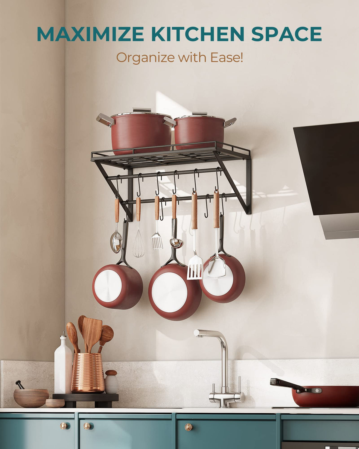 OROPY pot rack with 12 S hooks keeps pans and utensils within reach