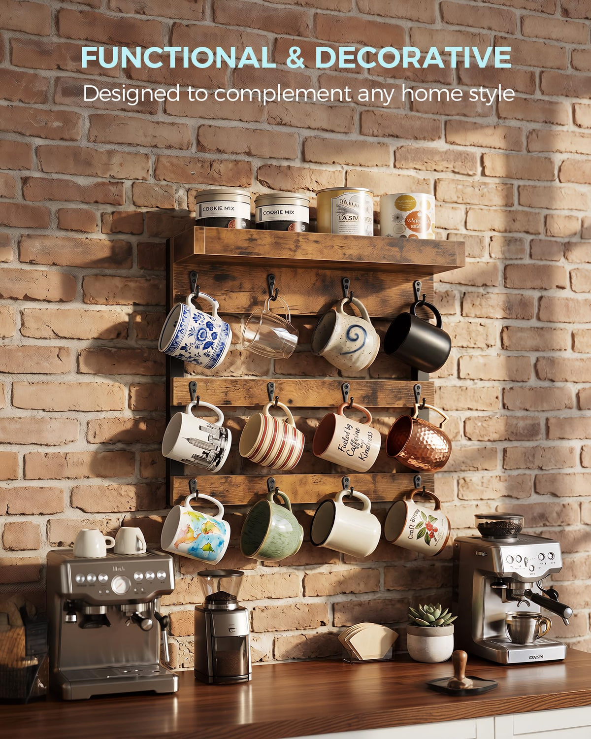 Rustic brown finish on the mug rack complements warm kitchen decor.