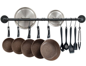 OROPY wall-mounted pot bar rack with hanging pans for organized cookware storage