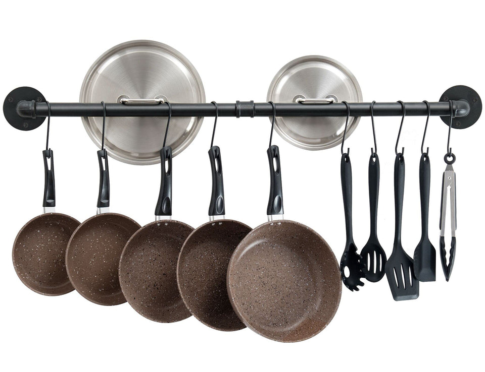 OROPY wall-mounted pot bar rack with hanging pans for organized cookware storage