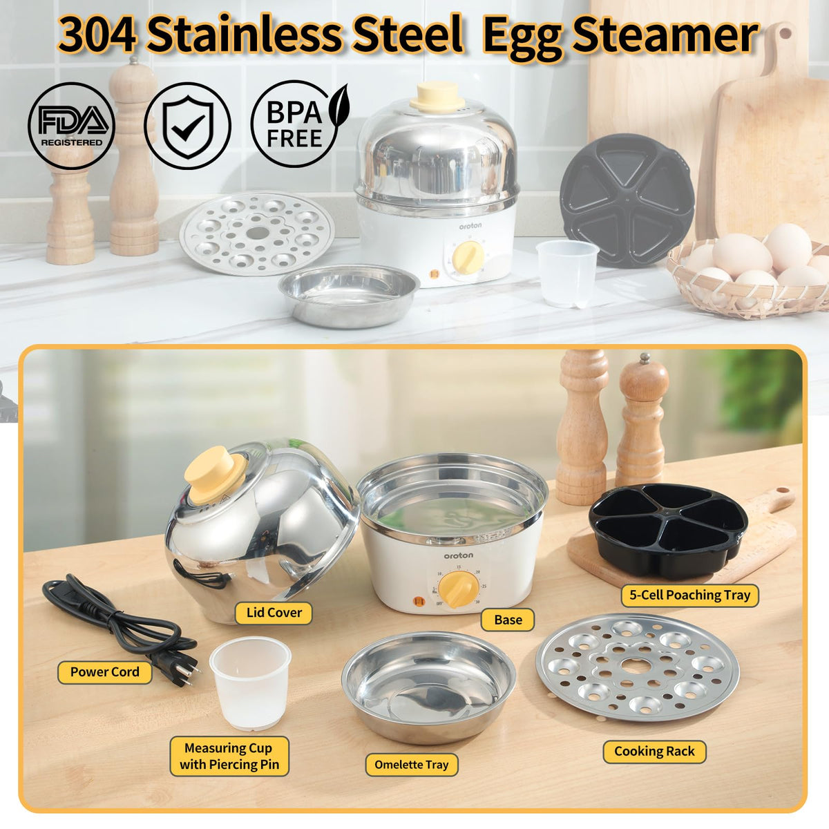 Oroton omelette pan included for fluffy omelets.