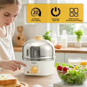 Oroton steaming tray included for versatile egg dishes.