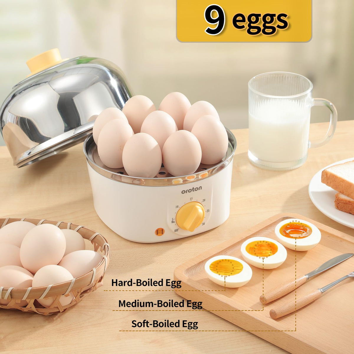 Oroton 9-Egg Cooker white body with stainless steel dome.