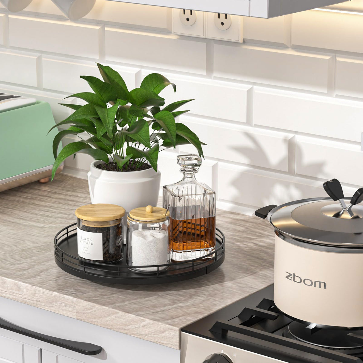 Oroyutor oak lazy susan on kitchen counter with spice jars and oils organized.