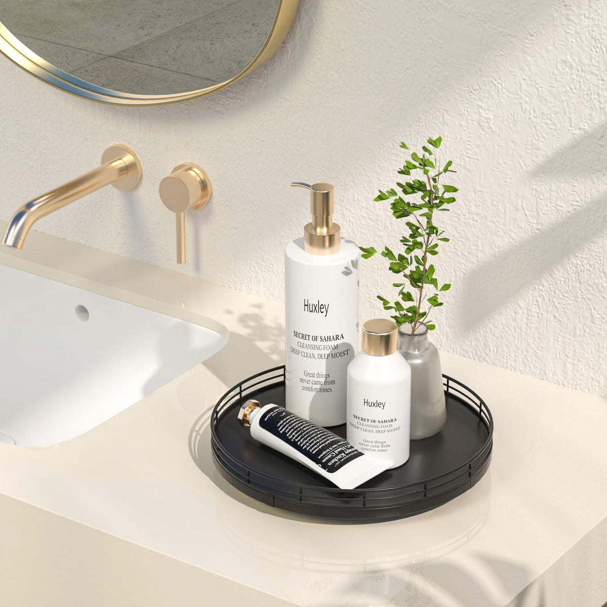 Oroyutor oak lazy susan vanity tray displaying cosmetics and jewelry neatly.