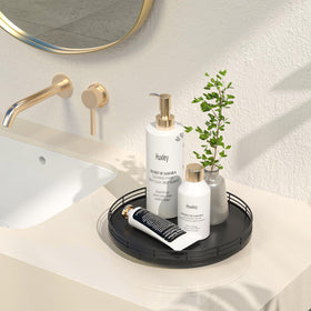 Oroyutor oak lazy susan vanity tray displaying cosmetics and jewelry neatly.