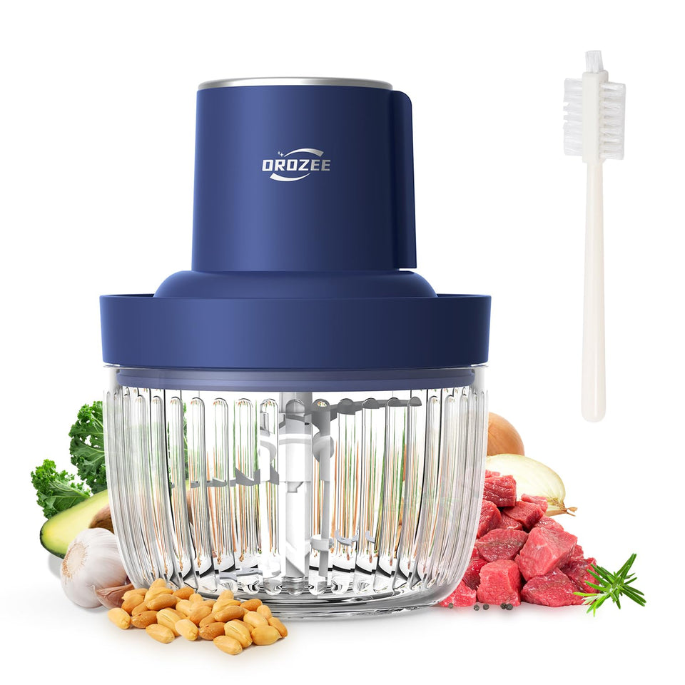 Orozee Deluxe Food Processor with glass bowl for large-batch prep.